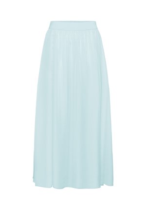 Himmelblauer, knielanger Chiffonrock mit glatter Textur, elastischem Bund und fließender Silhouette, der einen subtilen Schimmer aufweist.