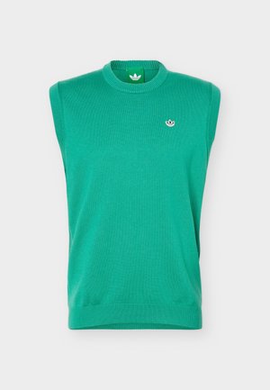 Vihreä, hihaton neulottu liivi, jossa resorikaulus ja -helma, vasemmassa rinnassa pieni valkoinen Adidas-logo.