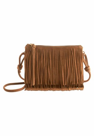 Brown suede crossbody bag with long fringe, zip closure, adjustable strap, and knotted accents. Smooth texture and rectangular shape.