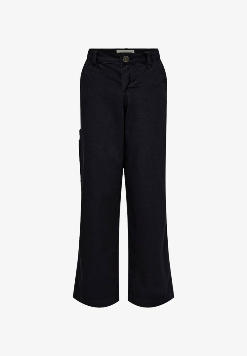 Černé kalhoty s širokými nohavicemi vyrobené z pevné tkaniny. Mají zapínání na knoflík, poutka na opasek a boční kapsy pro zvýšení funkčnosti.