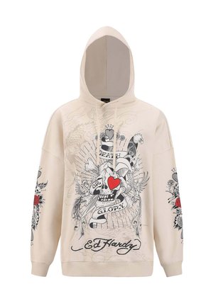 Cremefarvet hættejakke med dristigt sort og rødt grafisk design, der viser dødningehovedmotiver, roser og teksten "Death or Glory" på fronten og ærmerne.
