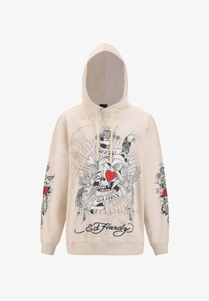 Krémová mikina s kapucí s odvážným černým a červeným grafickým designem, který obsahuje motivy lebek, růží a text "Smrt nebo sláva" na přední straně a rukávech.