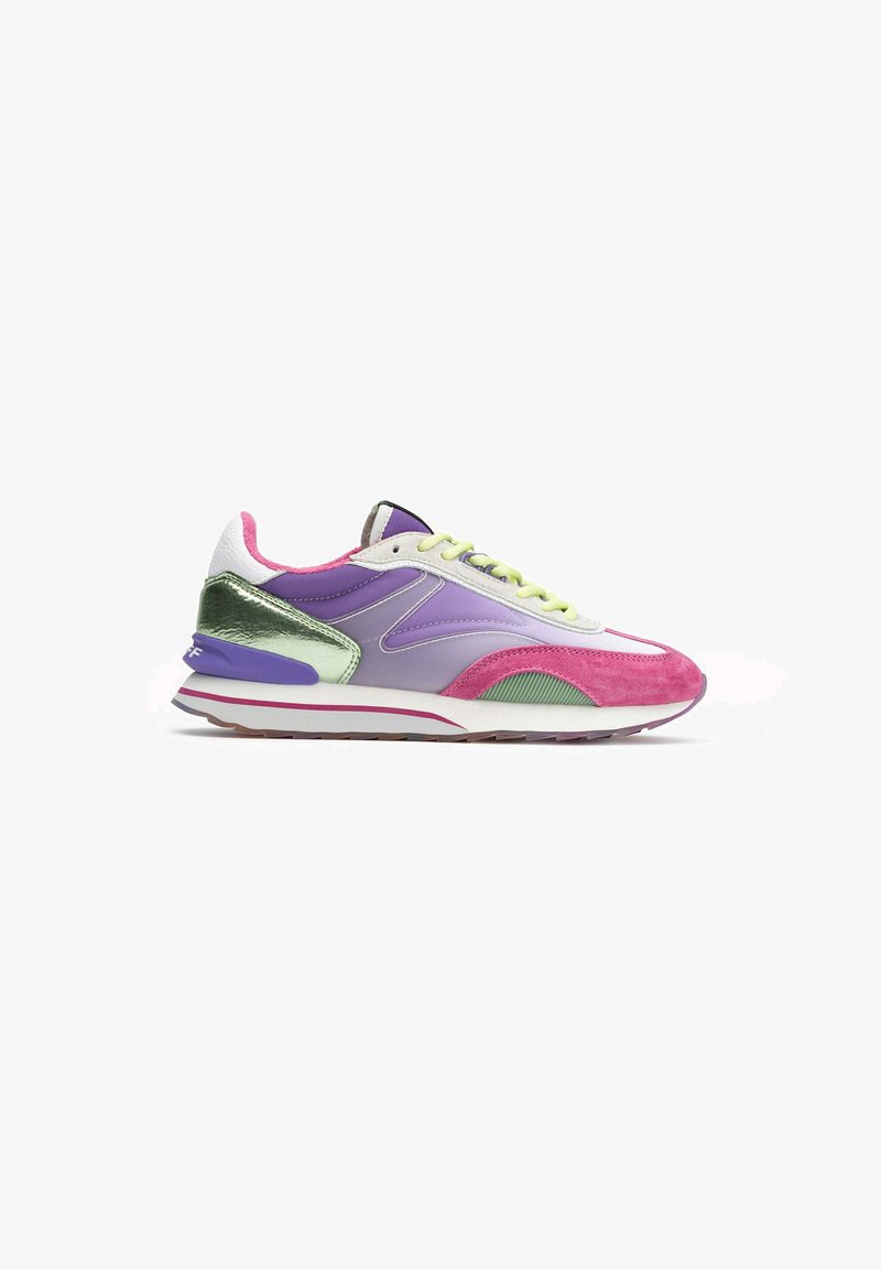 Multicolored sneaker featuring pink suede, purple synthetic overlays, and metallic green accents. Lace-up design with a white midsole.