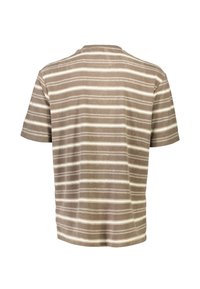 Kortærmet t-shirt i beige med hvide vandrette striber. Blødt stof med en afslappet pasform og rund halsudskæring. Ingen synlige mærke accenter.