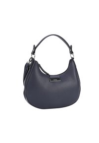 Dunkelblaue Leder-Schultertasche mit geschwungener Form, strukturiertem Oberflächen, kurzem Henkel und silbernen Hardware-Akzenten.