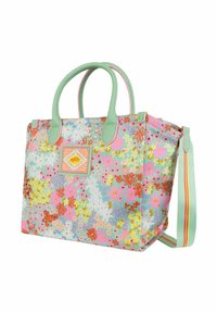 Borsa a tote in tessuto floreale nei colori pastello, con manici e rifiniture verde menta, dotata di un'etichetta rosa e di una tracolla a righe rimovibile.