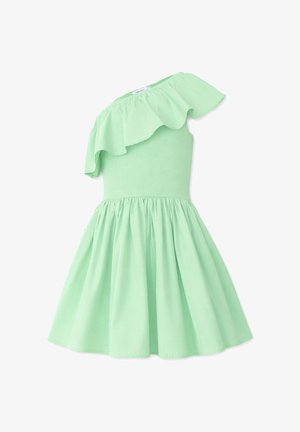 Robe sans manches vert clair avec une bretelle volantée décalée et une jupe froncée longueur genou.