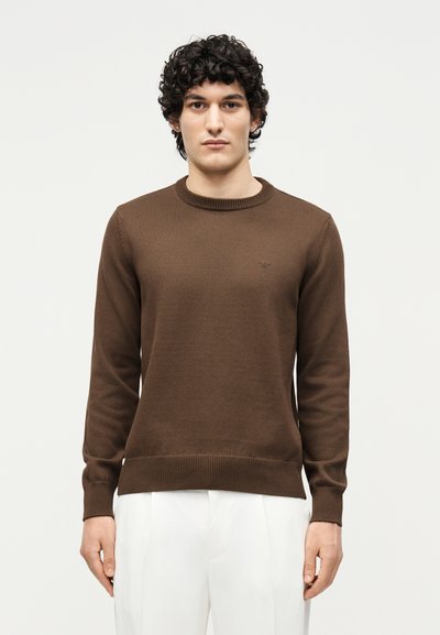 Jeune homme aux cheveux bouclés et foncés portant un pull en maille marron à manches longues et un pantalon blanc sur un fond uni.