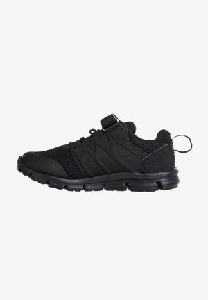 Black athletic shoes made of mesh and synthetic materials. Features a textured panel, adjustable strap, and rubber sole with traction grooves.