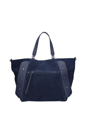 Sac cabas en daim bleu marine avec panneaux latéraux en cuir, clous argentés, poche avant zippée et deux poignées supérieures.
