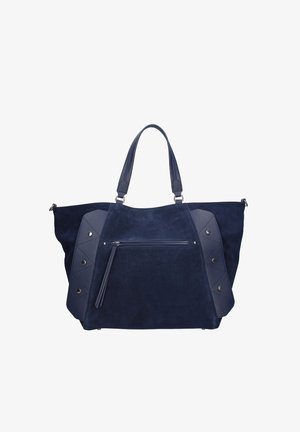 Navyblauwe suède tote bag met leren zijpanelen, zilveren studs, voorvak met rits en twee bovenhandvatten.