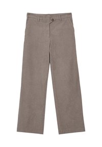 Taupe weite Cordhosen mit Gürtelschlaufen, Vorderknopfverschluss und seitlichen Taschen.