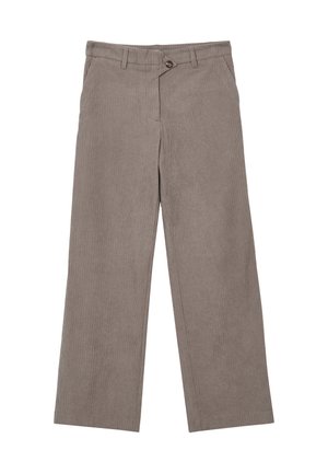 Taupe weite Cordhosen mit Gürtelschlaufen, Vorderknopfverschluss und seitlichen Taschen.
