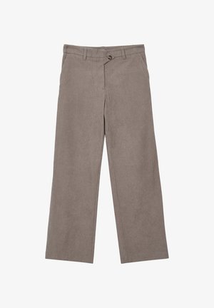 Taupe weite Cordhosen mit Gürtelschlaufen, Vorderknopfverschluss und seitlichen Taschen.
