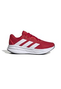 Red athletic shoe with mesh upper, three white stripes, and a thick white midsole labeled "CLOUDFOAM." Features a rounded toe and lace-up design.