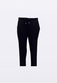 Black jogger pants made from soft fabric, featuring an elastic waistband, adjustable drawstring, and tapered leg design.