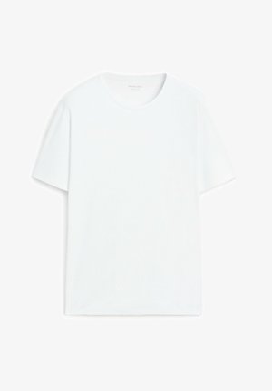 T-shirt blanc à manches courtes en coton, avec un col rond et une coupe décontractée, sans motifs ni accents visibles.