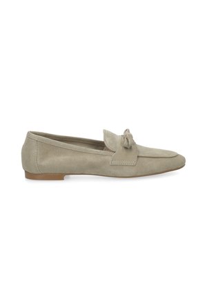 Beige suede flat loafer with a rounded toe, low heel, and a decorative tied bow on the upper side.