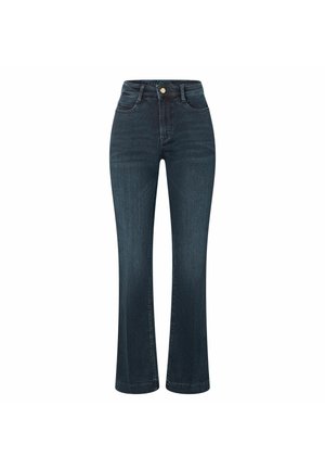 Dunkelblaue Jeans mit weitem Bein und hoher Taille, mit einem Frontknopfverschluss und fünf Taschen. Glatte Textur, keine sichtbaren Muster.