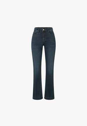 Diepblauwe flared jeans van denim met een hoge taille, voorzien van een knoopsluiting aan de voorkant en vijf zakken. Gladde textuur, geen zichtbare patronen.
