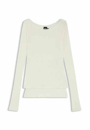 Top a maniche lunghe color crema, con scollo rotondo, orlo a strati e tessuto morbido e leggero dalla texture liscia.