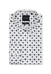 Biała koszula o dopasowanym kroju z granatowymi okrągłymi i kwiatowymi wzorami. Posiada klasyczny kołnierzyk oraz pojedynczą naszywaną kieszeń po lewej stronie.