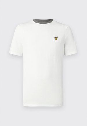 Vit bomullst-shirt med rund halsringning, korta ärmar och grå halskant; har en liten gul broderad logotyp på bröstet.