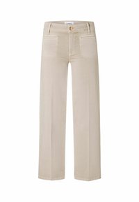 Beige weit geschnittene Jeanshose aus Denim, mit zwei Fronttaschen, zwei Gesäßtaschen und einem Frontknopfverschluss. Sauberes Design mit dezenten Nähten.