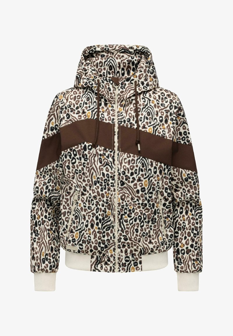 Kurtka z kapturem w beżowy, brązowy i czarny wzór panterki, z ukośnym brązowym paskiem na piersi i rękawach, zapinana na przedni zamek błyskawiczny, z prążkowanymi mankietami.
