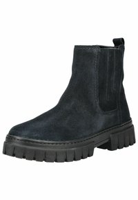 Bottines en daim noir avec une semelle en caoutchouc épaisse, texture lisse, panneaux latéraux élastiques et une languette pour un enfilage facile.