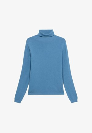 Hellblauer Rollkragenpullover aus weichem Strickmaterial, mit langen Ärmeln und einer lässigen Passform mit gerippten Kanten.