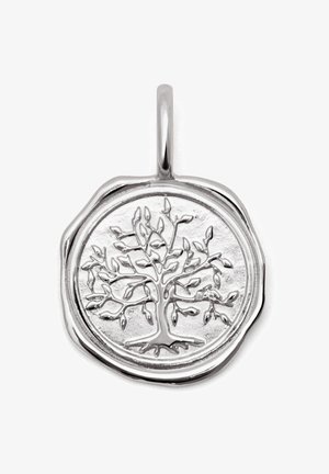 Zilveren hanger in een ronde vorm met een verheven boomontwerp. Gladde textuur met een gepolijste afwerking en een kleine lus voor bevestiging.