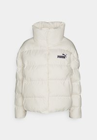 White puffer jacket with a high collar, featuring a structured design and horizontal stitching. The Puma logo is prominently displayed on the chest.