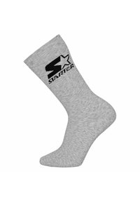 Graue Crew-Socke mit schwarzem "Starter"-Logo und Sternemblem nahe dem oberen Bund, auf einem weißen Hintergrund präsentiert.
