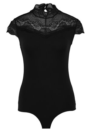 Musta bodysuit, jossa on korkea pitsikaulus, lyhyet puff-hihat ja tasainen, istuva muotoilu. Pitsi esittää kukkakuoseja yläosassa.