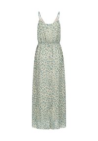 Robe maxi sans manches avec fines bretelles, taille élastique et tissu beige avec motif de taches irrégulières bleu clair.
