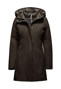 Cappotto impermeabile marrone con fodera interna trapuntata, cappuccio regolabile, chiusura frontale con zip e tasche laterali. Texture liscia, vestibilità su misura.