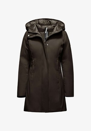 Cappotto impermeabile marrone con fodera interna trapuntata, cappuccio regolabile, chiusura frontale con zip e tasche laterali. Texture liscia, vestibilità su misura.