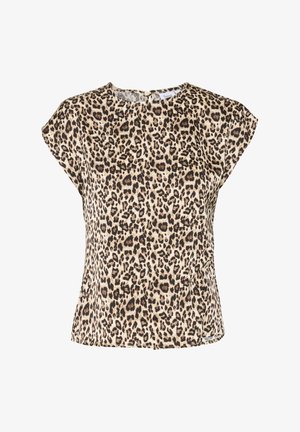 Luipaardprint blouse gemaakt van lichtgewicht stof, korte mouwen, ronde halslijn en een losse pasvorm met gatherdetails aan de achterkant.