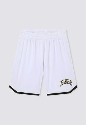 Pantaloncini sportivi in rete bianchi con bordo nero all'orlo e la scritta "LOS ANGELES" stampata vicino al fondo della gamba destra.