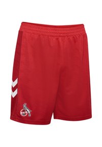 Rote Sportshorts aus leichtem Stoff, mit weißen Chevron-Streifen an den Seiten und einem gestickten Logo am unteren Bein.