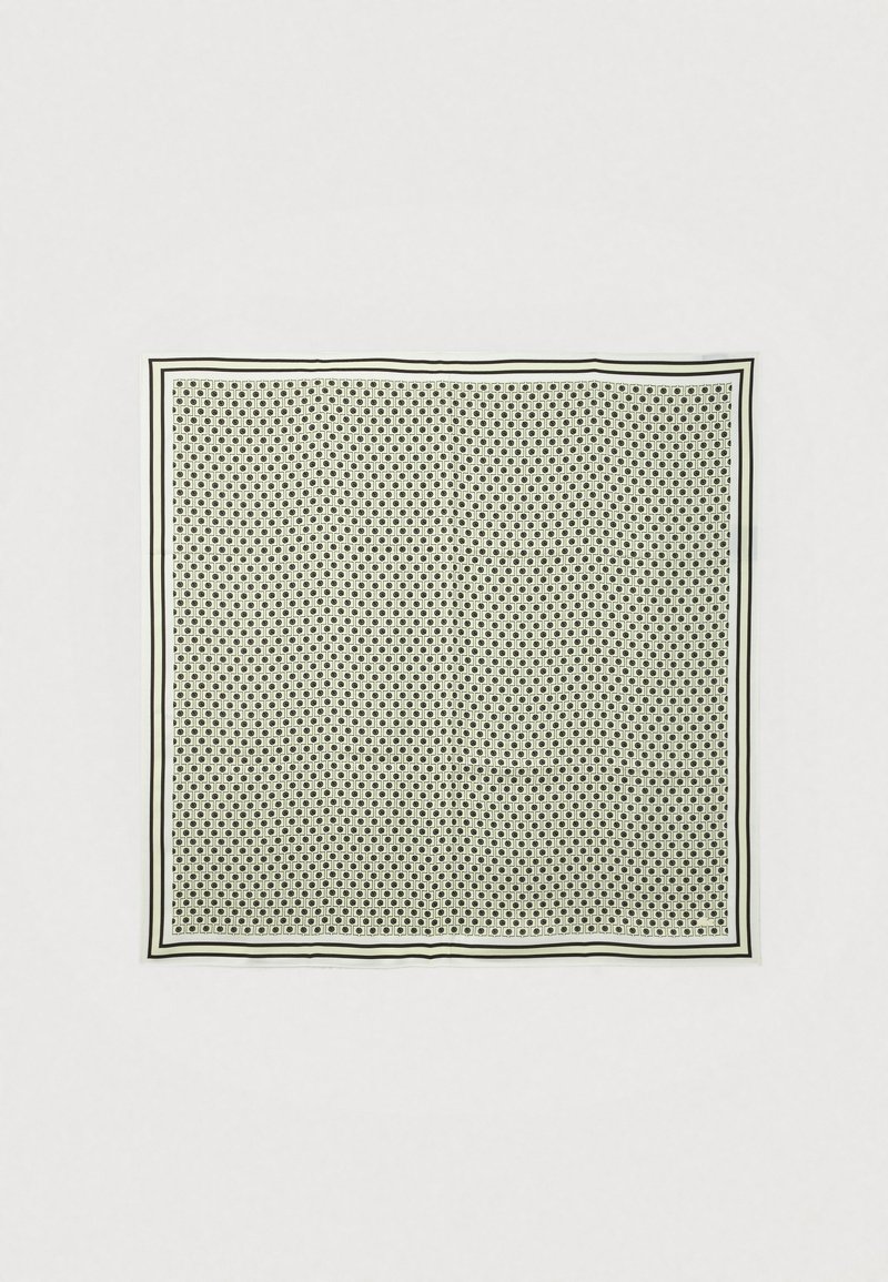 Ruudukujuline beež sall väikese musta lillemustriga ja õhukese kahe musta joonega raamiga valgel taustal.