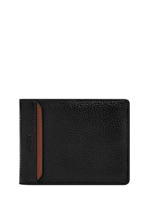 Portefeuille en cuir noir avec une surface texturée, mettant en avant une bande d'accents marron et un logo en relief. Forme carrée avec un profil mince.