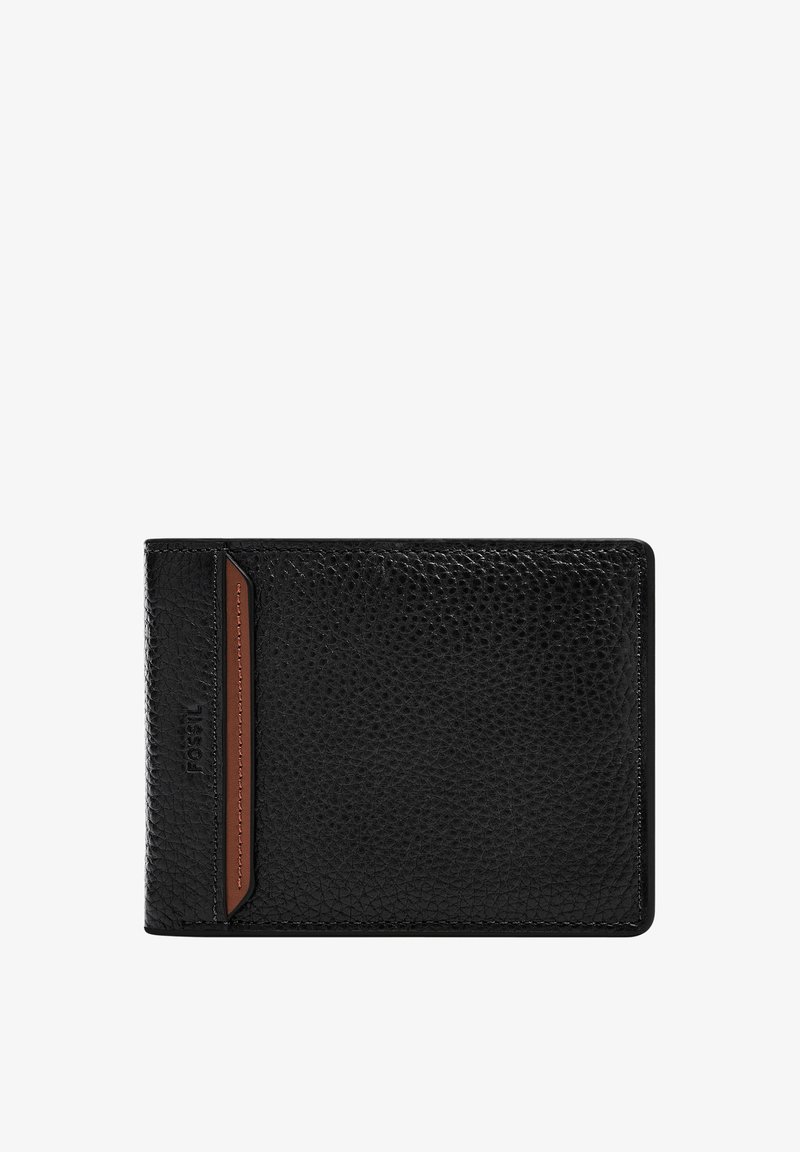 Schwarzes Lederportemonnaie mit strukturiertem Oberflächenfinish, featuring einem braunen Akzentstreifen und geprägtem Logo. Quadratische Form mit schlankem Profil.