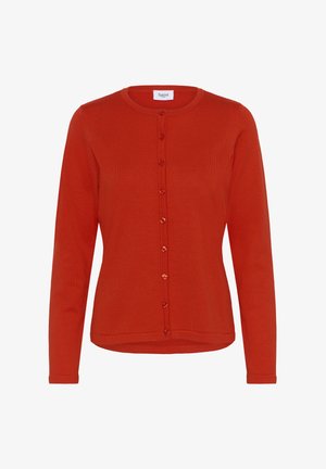 Raudonas ilgarankovė kardiganas su sagomis, apvalia iškirpte ir ribotu rankogaliu, pažymėtas Saint logotipu, pateiktas ant balto fono.