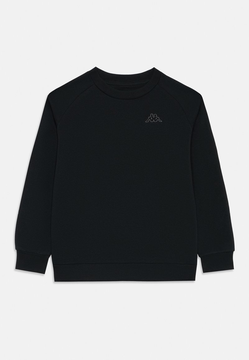 Sweatshirt preto feito de tecido macio, com decote redondo, mangas raglan e um pequeno logótipo em relevo no peito. Textura suave.