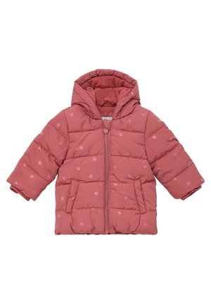 Różowa pikowana kurtka dla malucha z kapturem, z przednim zamkiem błyskawicznym, dwoma bocznymi kieszeniami i subtelnym wzorem w groszki.