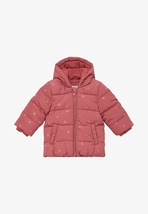 Veste matelassée à capuche pour tout-petit, rose, avec une fermeture éclair frontale, deux poches latérales et un motif discret à pois.