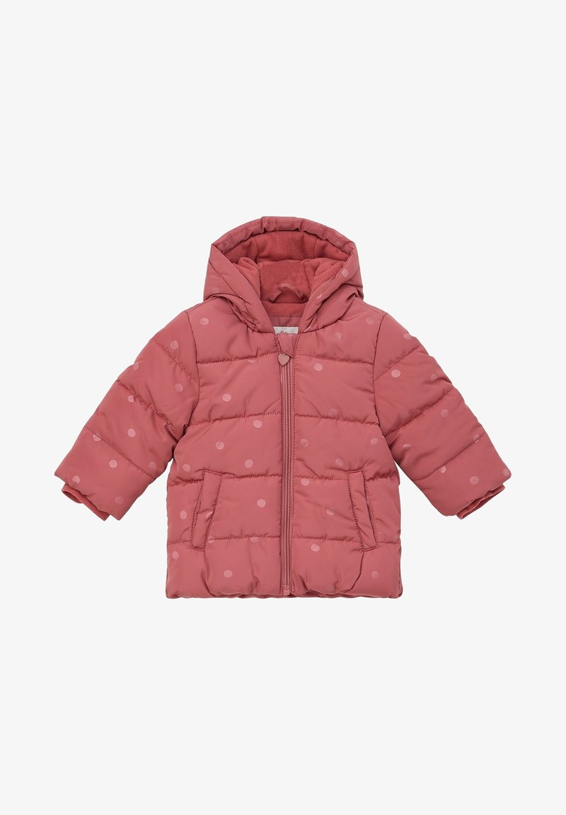 Veste matelassée à capuche pour tout-petit, rose, avec une fermeture éclair frontale, deux poches latérales et un motif discret à pois.