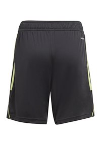 Pantalones cortos deportivos negros con una cintura elástica, paneles laterales en verde lima y una tela suave y ligera para mayor comodidad.